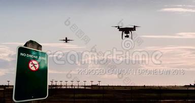 一部无人驾驶飞机在机场附近飞行的动画，上面有无人驾驶飞机的标志和新的加拿大无人驾驶飞机法规文本